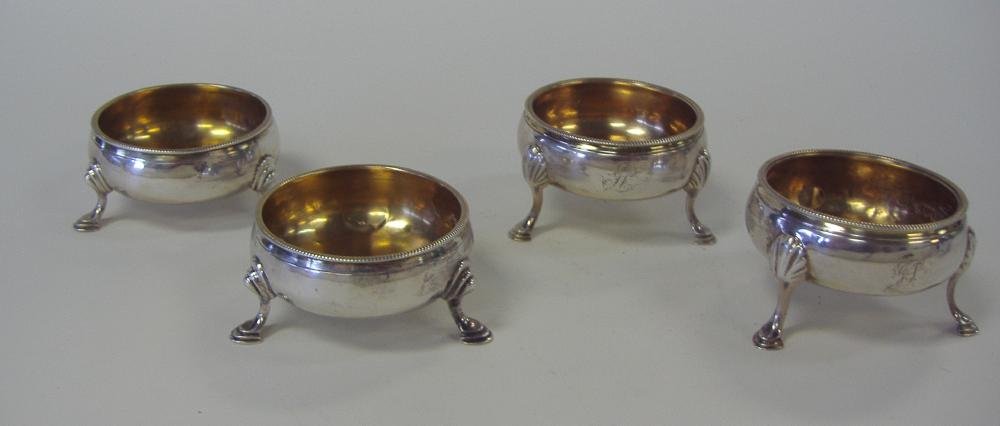 2 Pair Sterling Salt Cellars, London 1773 & 1775: Two pair of sterling silver salt cellars. The first pair hallmarked for London, 1773. Indistinct Maker's mark, WK?. The second pair hallmarked for London, 1775, Thomas Shepherd. Each with gold wash in