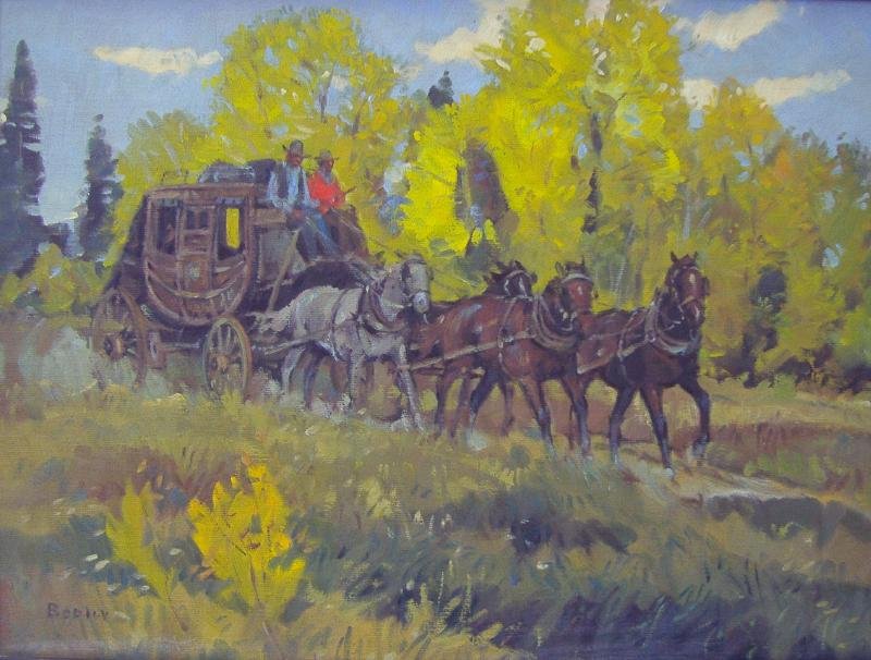 Sheryl Bodily (1936-) Oil on Canvas, Stage Coach: Framed oil on canvas by Montana western artist Sheryl L. Bodily. Titled "Stage Coach". The image measures 11.5" x 15.5" Signed by the artist lower left. Framed measurement, 19.75" x 23.75". Provenance