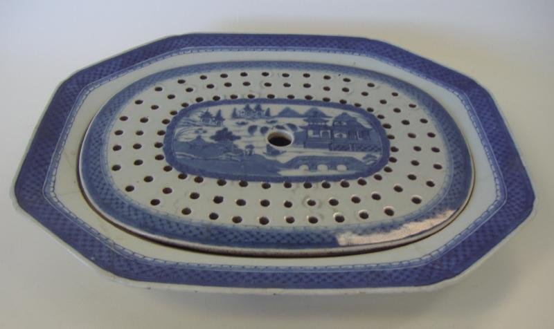 19thc Canton Porcelain Serving Platter & Mazarine: Chinese blue and white porcelain rectangular serving platter with mazarine pierced liner. 19th century. Canton pattern. The platter measures 17.25" x 14" x 2-1/8" high. The pierced liner measures 17.5