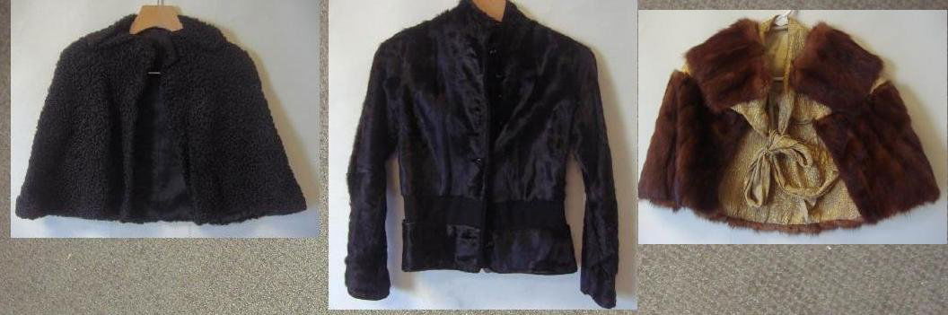 Vintage Fur Jacket and Cape Stoles, Molyneux +: Mink fur cape stole with gold lace trim, together with a lamb's wool cape and a fur jacket. Label on the fur jacket: Molyneux, 5. Rue Royale. c.1930s-40s. Provenance: Estate of Lucille Bell.