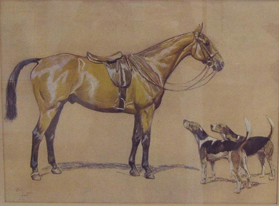 CECIL ALDIN (1870-1935) Horse & Hounds: Framed painting by Cecil Charles Windsor Aldin, R.B.A. Colored chalks on paper. Signed lower left. The image measures 14.5" x 19.5". Framed measurement 23.5" x 27.5". The painting has not been examine