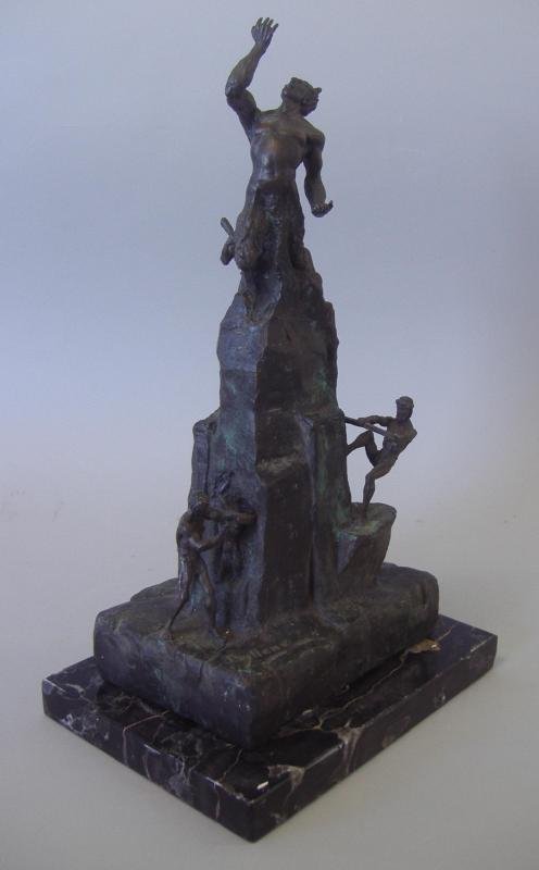 LATHRUP BULLENE Bronze Satyr Pan, Medusa & Minions: Lathrup Bullene Gay (1924-2011), Salvador Dali style bronze depicting three male figures carving on a large rock and paying homage to Pan or a Satyr. One of the male figures is shown carving a Medusa 