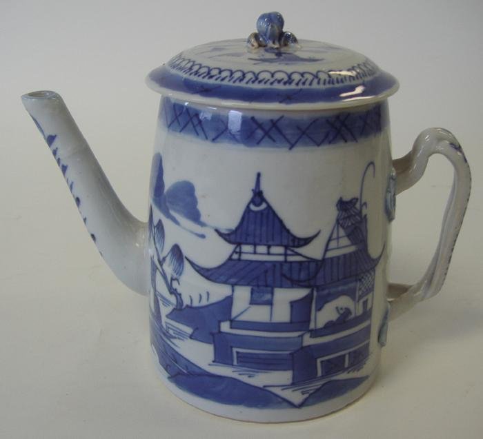 19thc Chinese Porcelain Canton Teapot: Chinese blue and white porcelain teapot. 19th century. Canton pattern. Measures 5.5" high and 6.25" from spout to handle.