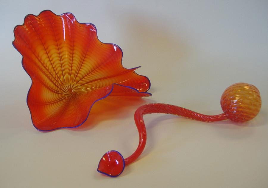 DALE CHIHULY Persian 2-Piece Art Glass Sculpture: Dale Chihuly (1941-) Persian two-piece art glass sculpture. Hand-blown with blue lip wrap. The larger piece measuring 13" x 7" high and signed "For Ron, Chihuly 06". The elongated piece measuring 14"