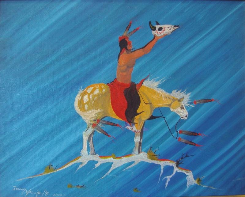 JOHNNY YAZZIE Navajo (1945-) Praying For Buffalo: Framed oil on canvas by Navajo artist Johnny Yazzie (1945-). The painting is titled on the back "Parying for Bufflou" Measures 15.5" x 19.5". Framed measurement 19.25" x 23.25". Provenance: Robert H. 