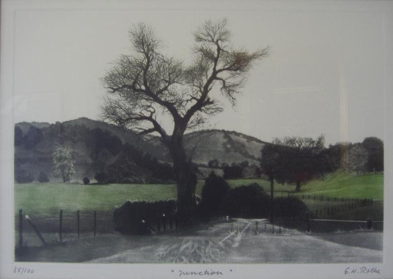 G.H.(Gatja) ROTHE (1935-2007) Junction: Framed mezzotint by artist G.H.Rothe (Gatja). Titled "Junction". Sight measurement 12" x 17". Framed measurement 22" x 27". Signed by the artist in pencil. Edition 35/100.