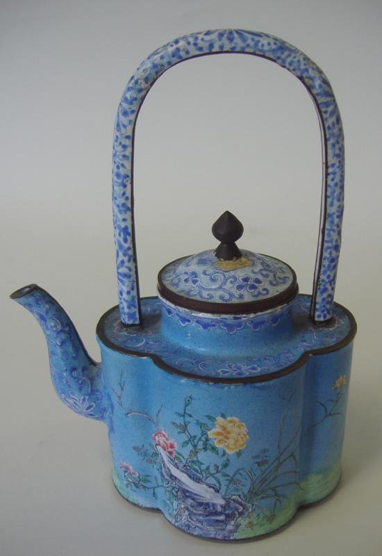 Chinese Enameled Metal Teapot: Chinese enamel over metal teapot. Measures 7" high. Ex collection of General Joseph Warren Stilwell (1883-1946).