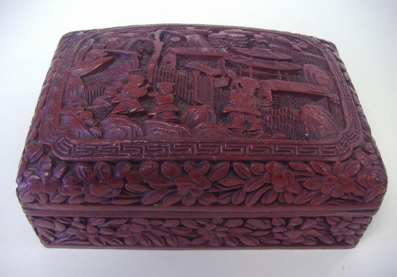 Chinese Cinnabar Lacquer Box, Signed: Chinese cinnabar lacquer box. Late 19th/early 20thc. Carvings on all sides of the box. Signed with a 6-character mark on the underside. Measures 5.5" wide, 3.5" deep and 2-1/8" high.