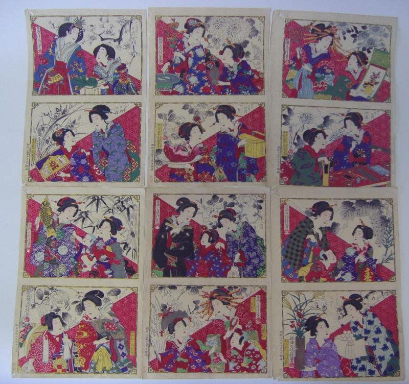 UTAGAWA FUSATANE Set of 6 Woodblock Prints: Set of six, 2-scene woodblock album prints. By Utagawa Fusatane (active 1854-1888). Each page of two scenes measure 14" x 9.5".