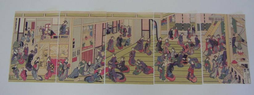HOKUSHU Japanese Woodblock Prints, Robert Muller: Set of five Japanese prints. Titled "Yoshiwara Geisha Home". These prints are a ukiyo-e woodblock reprint from the collection of Robert O. Muller (1911-2003). They were printed with wood blocks in the