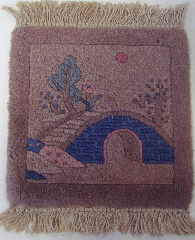 Chinese Wool Picture Rug: Chinese wool picture rug. Depicts a garden setting. Measures 16" x 12.5" (measurement includes fringe). Ex collection of General Joseph Warren Stilwell (1883-1946).