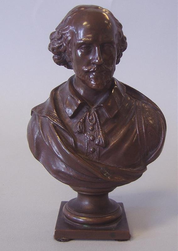 F. BARBEDIENNE Bronze Model of Shakespeare: Bronze bust depicting William Shakespeare. The back is signed F. Barbedienne, Fondeur Measures 4.5" high.