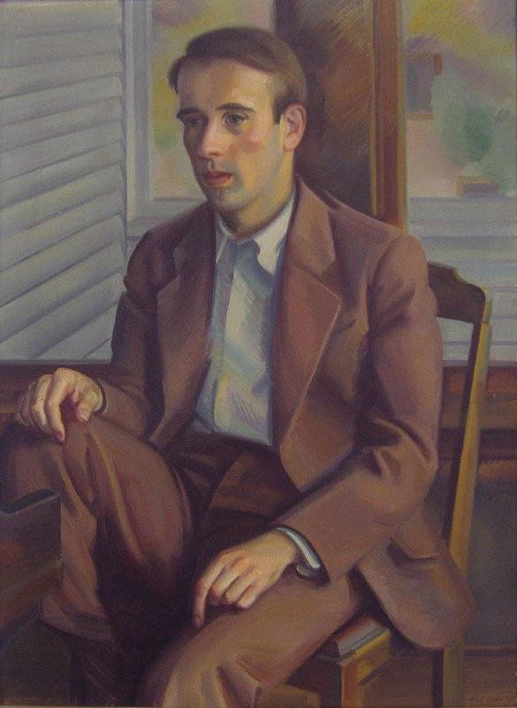 ERLE LORAN (1905-1999) Portrait of John Verrall: Framed oil on canvas by Erle (Earle) Loran. The painting is identified on the label as John Verrall (Iowa, June 17, 1908- Seattle, April 15, 2001). Verrall was an American composer of contemporary cla