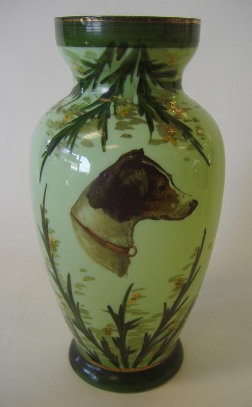 JACK RUSSELL TERRIER Bristol Glass Vase: Bristol glass vase. Decorated with a handpainted Jack Russell Terrier surrounded by flowering foliage. Measures 10.75" high.