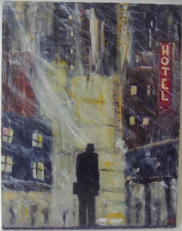 ALAN RUDOLPH (1943-) Cityscape HOTEL: Cityscape abstract painting by Hollywood director, screenwriter and artist Alan Rudolph. Titled "Hotel". Acrylic on canvas, signed and dated 2009 by the artist on the verso. Measures 28" x 22". Ex. co