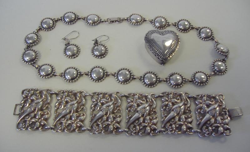 DANECRAFT STERLING Bracelet, Necklace, Earrings +: Modernist sterling bracelet by Danecraft measuring 7" long and 1.5" wide. Together with a sterling necklace and earrings plus a silver heart shaped pill box.