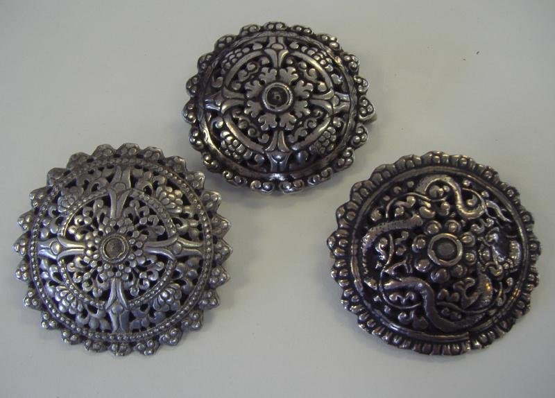 3 Chinese Silvered Cloak Clips or Holders: Each measuring approximately 2-3/8" in diameter.