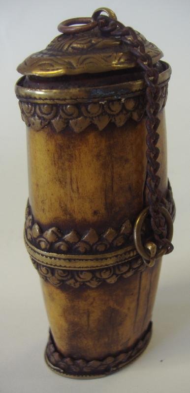 Bone & Brass Canister Powder Box: Brass detailing over a carved bone box. Measures 4.5" high, 2" wide and 1.25" deep.