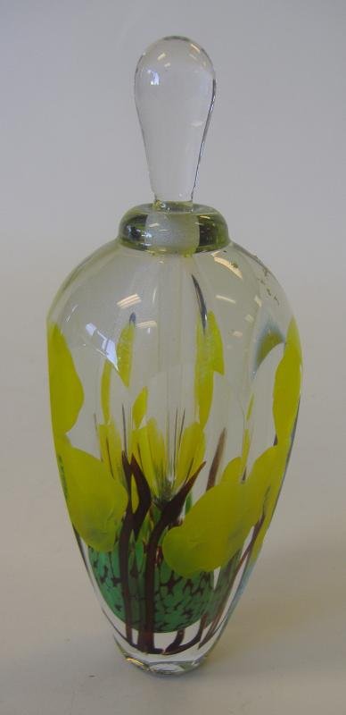 RICHARD SATAVA Art Glass Perfume Bottle: Art glass perfume bottle by Rick / Richard Satava. Measures 5.75" high. Signed underfoot, R. Satava, 2625 94.