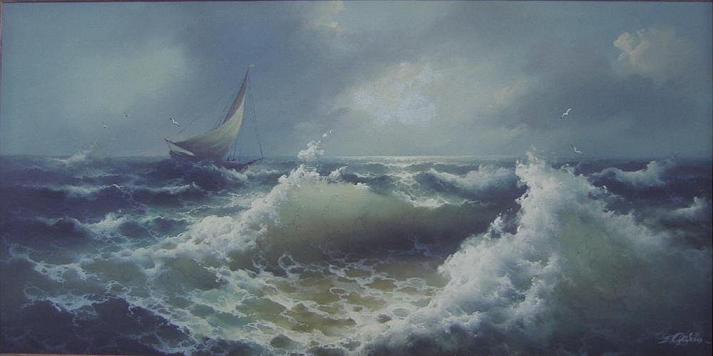 EUGENE GARIN (1922-1994) Nautical Seascape: Framed oil on canvas by Eugene Garin (Russian Federation). Depicts a sailing ship at sea in stormy weather. Canvas measures 24" x 48". Framed measurement 37" x 61". Signed lower right.