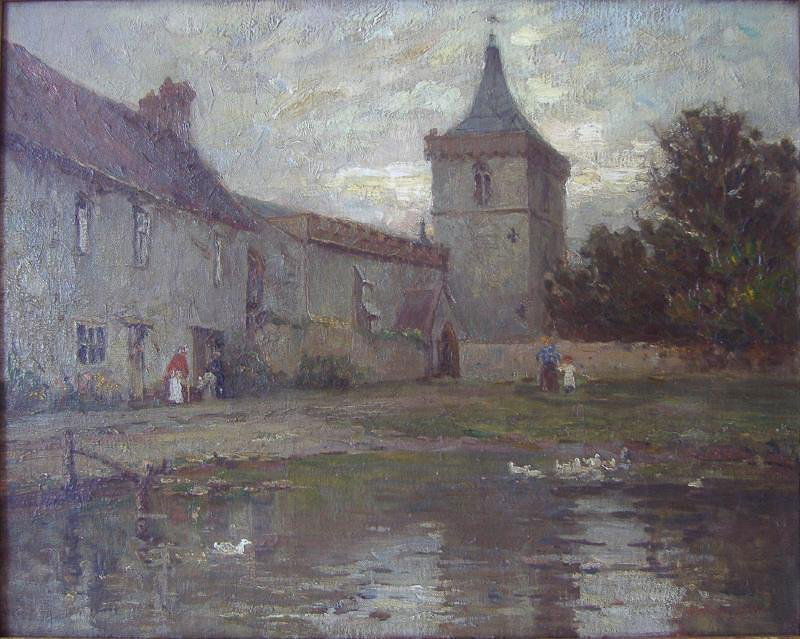 HENRY CHARLES CLIFFORD (British, 1861-1947): Framed oil on canvas by Henry Charles Clifford. Depicts figures walking near a pond with a church in the background. Signed lower right. Measures 16" x 20". Framed measurement, 20" x 24".
