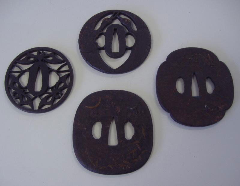 4 Japanese Iron & Mixed Metal Tsubas, Bird Forms +: Four Japanese Antique iron tsubas. Three of the tsubas enhanced with gilt metal. Each measuring approximately 3" in diameter. Ex collection of Benjamin Watson Stilwell, son of General Joseph Warren St