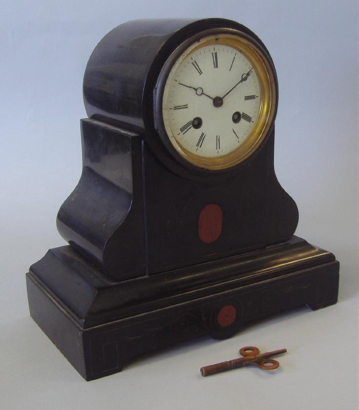 French Black Slate & Marble Mantel Clock, LB Lion: French mantel or shelf clock. Black slate and marble detailing. Movement marked LB with a lion. Measures 10.5" x 5.25" x 10.25" high. Has key and pendulum. NOTE: no guarantee of working order or possi