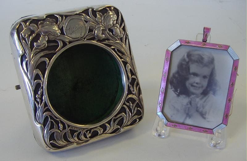 Art Nouveau Sterling & Guilloche Enamel Frames: English sterling silver Art Nouveau frame measuring 4.5" x 4". Hallmarks for London, 1903, Goldsmiths & Silversmiths Co. Ltd. Together with a sterling and guilloche enamel frame measuring 3-1/8" x 2.5