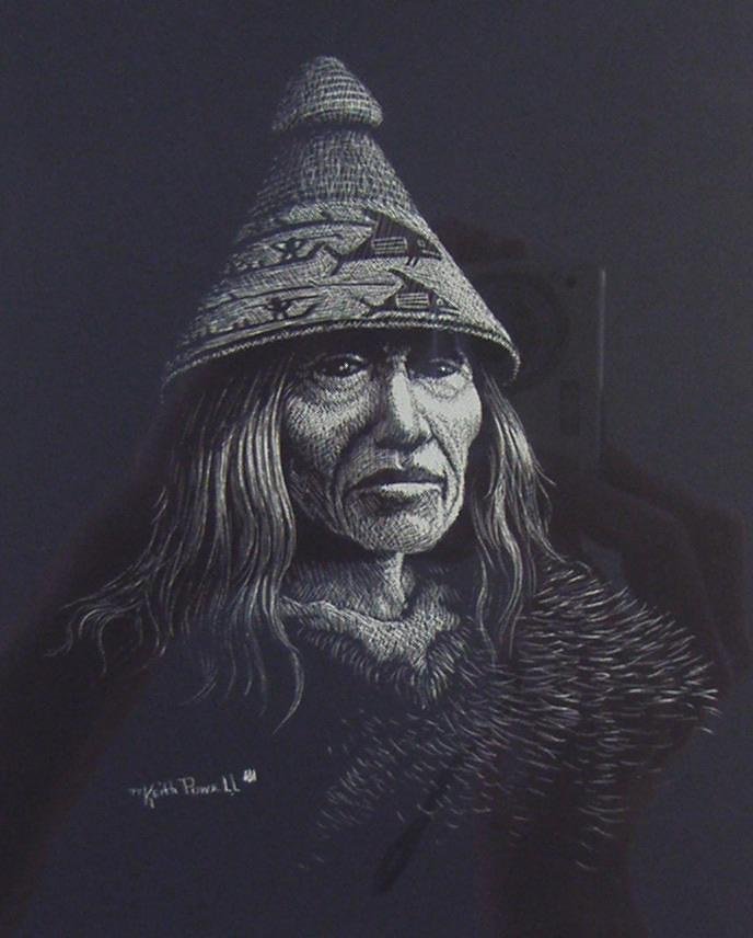 KEITH POWELL (WA) Native American Indian Portrait: Framed scratchboard painting by Washington artist Keith Powell. Untitled painting of a Native American Indian. Scratchboard technique. Measures 11.75" x 7.75". Framed measurement 20.25" x 14.25". Sign