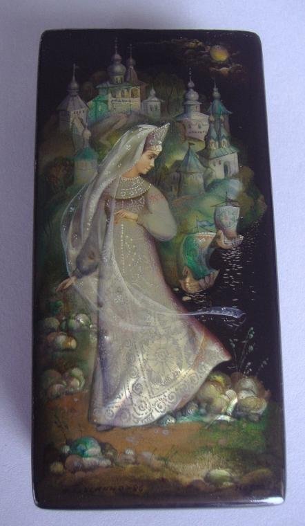 RUSSIAN Lacquer Box, LUBAVA, FEDOSKINO SCHOOL: Russian lacquer box, Fedoskino school. "Lubava". The box with mother of pearl measures 4" x 2" x 1" high. Signed and dated 86 (1986).