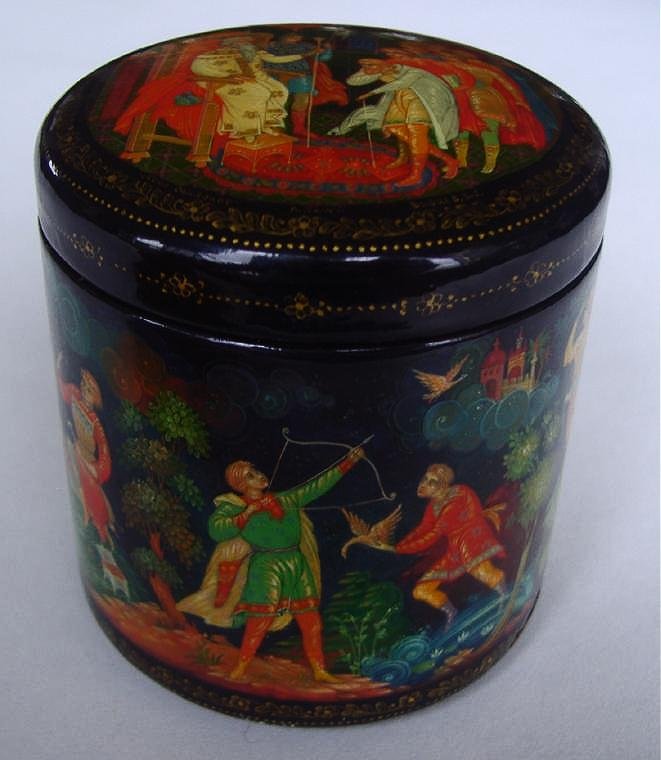 RUSSIAN Lacquer Box, Seven Semeons, Babaev: Russian lacquer box. Artist signed. "Seven Semeons" (or Seven Simeons) by V. S. Babaev. Measures 2" in diameter and 2.25" high.