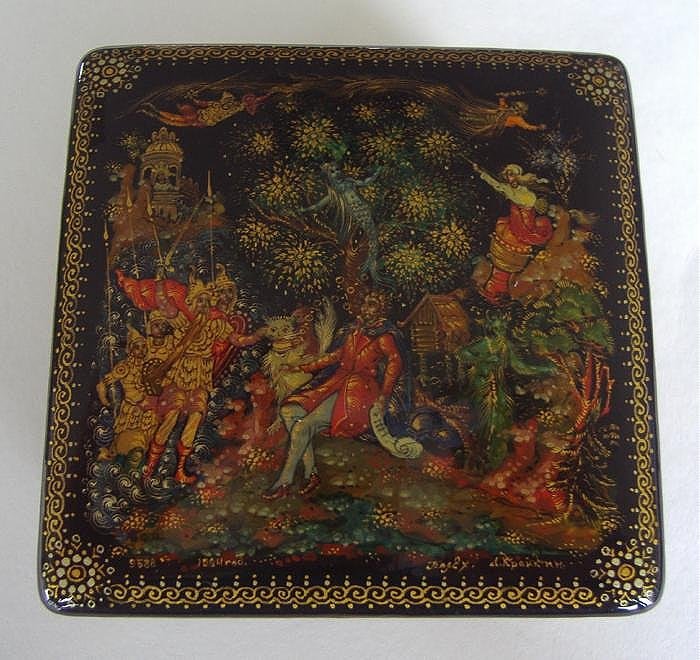 RUSSIAN Lacquer Box, Pushkin Tales, PALEKH SCHOOL: Russian lacquer box. Palekh School. Artist signed and dated 1984. "Pushkin Tales" by Kraikin. Measures 2.25" x 2.25" x 1.25" high.