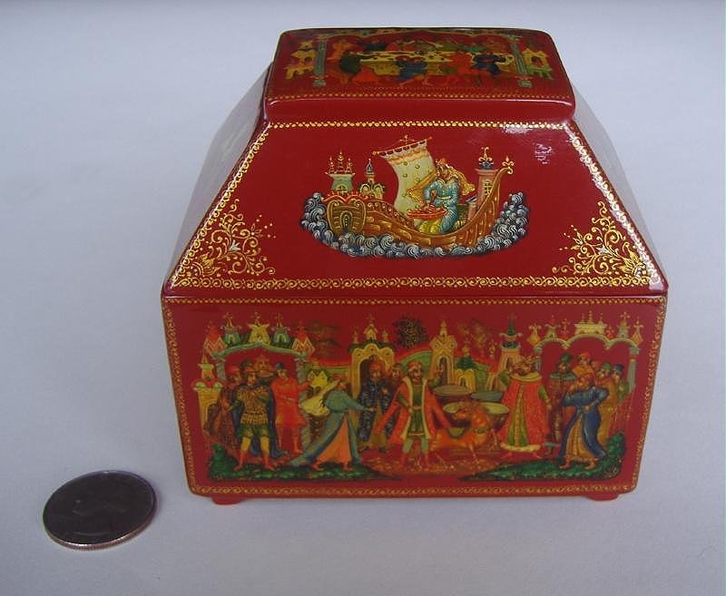 RUSSIAN Lacquer Persian Casket Box, PALEKH SCHOOL: Russian lacquer "Persian Casket" box. Palekh School. Artist signed and dated 1985. "Konok Garbunok" (Humpback Pony) by Panov. Measures 3.75" x 2.75" x 3.5" high.