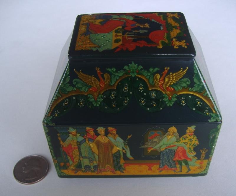 RUSSIAN Lacquer Persian Casket Box, PALEKH SCHOOL: Russian lacquer "Persian Casket" box. Palekh School. Artist signed and dated 1985. "Sleeping Princess" by Broukin. Measures 3.75" x 2.75" x 3.5" high.
