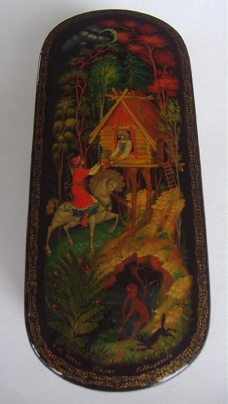 RUSSIAN Lacquer Box "Go To Where" PALEKH SCHOOL: Russian lacquer oval-formed box. Palekh School. Artist signed and dated 1985. "Go To Where" by Zhiriakova. Measures 6" x 2.5" x 1.75" high.