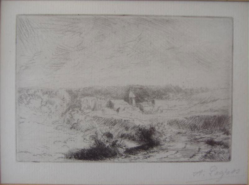 ALPHONSE LEGROS (1837-1911) Village de Wimille: Framed etching by Alphonse Legros. M. Knoedler & Co, New York label on the back identifies the piece as "Village de Wimille". Also noted on the label "plate cancelled after an edition of 60 proofs". T