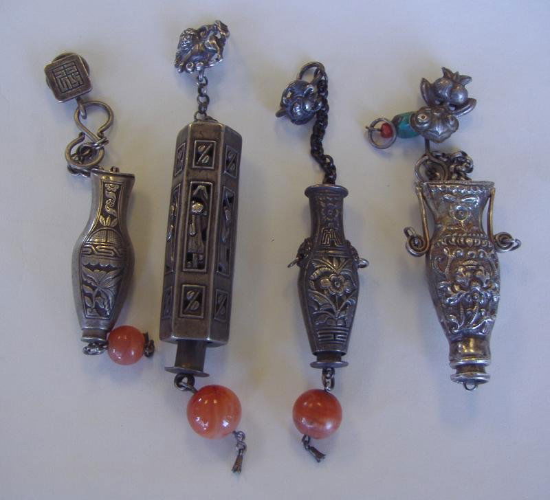4 Chinese Silver & Agate Needle Cases: Embossed and etched decoration on each. Various sizes. 2.5" to 4" long.