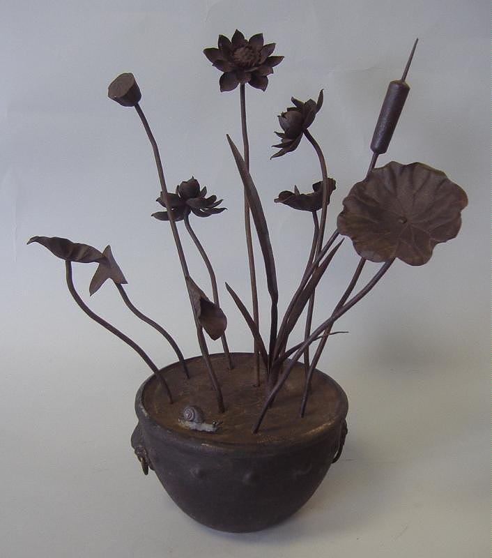 Chinese Bronzed Metal Floral Lotus Pot with Snail: Chinese lotus pot arrangement. 10 individual bronzed metal flowers and foliage can be placed in the pot for different arrangements. The pot with lion ring faced handles. Overall measurement 14.5" tall
