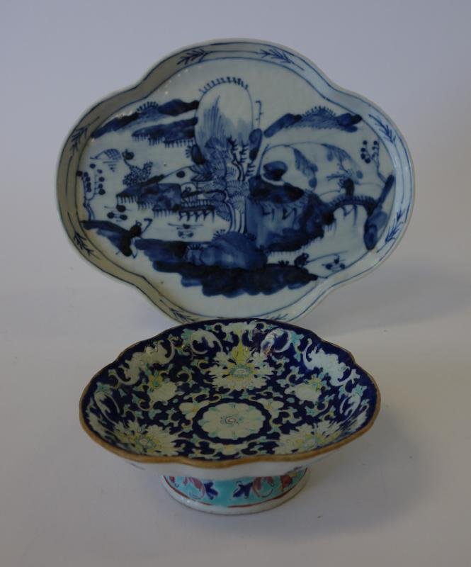 Chinese Porcelain Tray & Footed Bowl, Tongzhi: Chinese blue and white porcelain tray. Quatrefoil shaped tray measuring 9" x 7.5" x 5/8" high. Together with a footed bowl with cobalt blue and yellow enamel decoration. Signed underfoot with the Tong