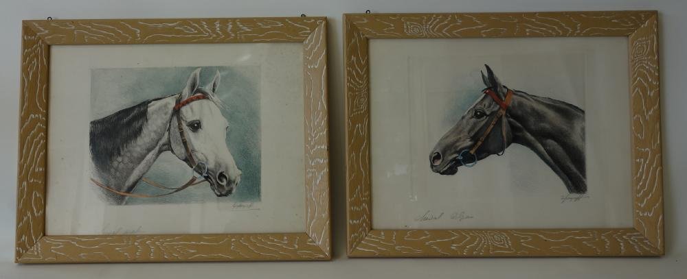 2 Framed Horse Engraving Aquatints, signed: Two framed aquatints of horses. Titled Cheval Arabe and Cheval Algan. Signed indistinctly in pencil by the artist, lower right. Sight measurement 11.25" x 15.5". Framed measurement, 14.5" x 18.5".