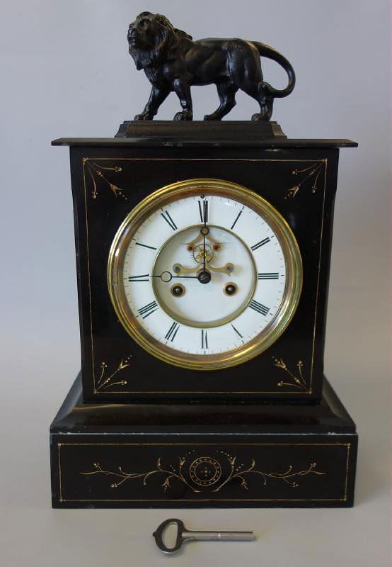 L. Marti & Cie Slate Mantel Clock with Lion, 19thc
