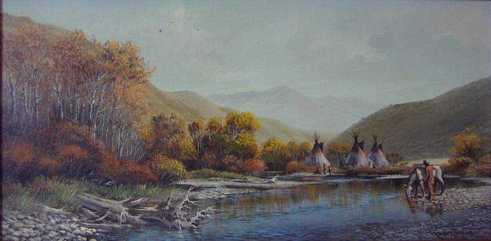 Robert Thomas, Indian Reservation, Oil Painting: Framed oil on canvas by Robert Thomas (20thc). Titled on the back of the frame "Upper Boise River" and dated 1980. Depicts an Indian Reservation with teepees and a Native American Indian with his hors