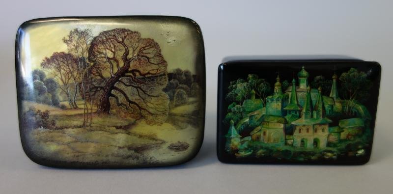 2 Russian Lacquer Mother of Pearl Landscape Boxes: 2 Russian hand-painted lacquer and mother of pearl boxes. Fedoskino school. One box with a landscape scene, artist signed and dated 84, measuring 3.25" x 2" x 1.25" high. Together with a box depicting
