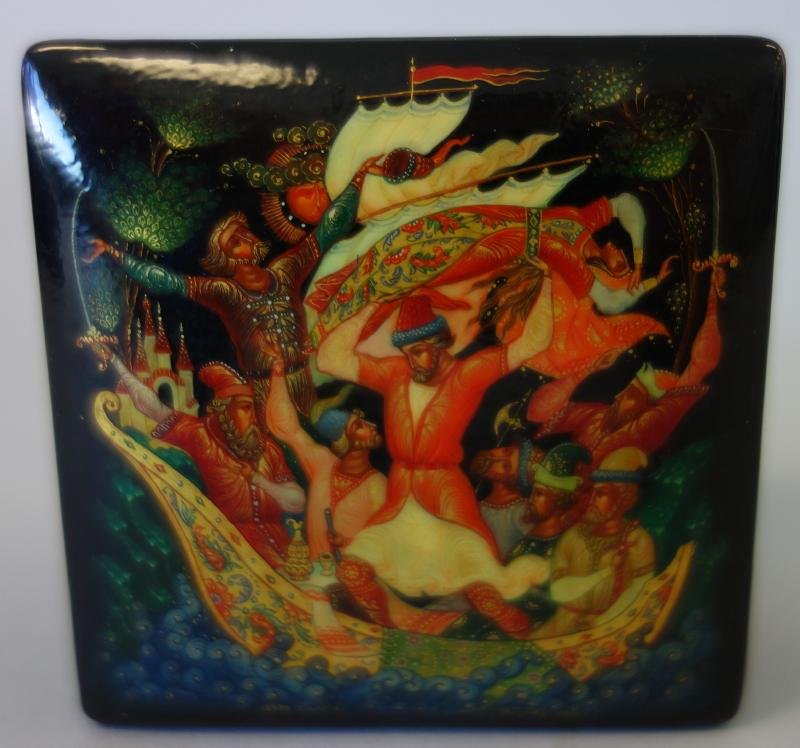Russian Hand-Painted Lacquer Box, Stenka Razin: Russian hand-painted lacquer box. Palekh school. Titled Stenka Razin by Golobev. Measures 2-3/8" x 2-3/8" x 1-3/8" high. Artist signed and dated 1983.