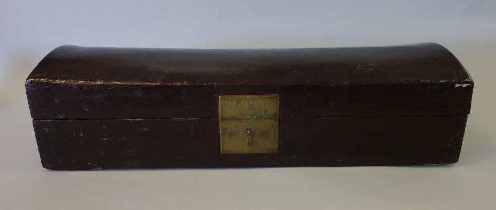 Chinese Lacquer Scholar's Box: Chinese lacquered scholar's document box. Domed lid with brass handles. Measures 25" long, " deep and 6.75" high.