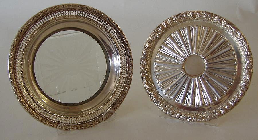 Gorham & Whiting Sterling Wine Champagne Coasters: Two sterling silver wine / champagne coasters. One by Gorham measuring 5-7/8" in diameter and weighing 3.43 troy oz. Together with a Frank M. Whiting sterling and etched crystal coaster in the Talisma