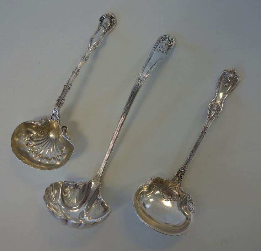 3 Sterling Ladles, Tiffany, Whiting & Frank Smith: Three sterling silver sauce / gravy ladles. A Tiffany sterling silver gravy ladle in the Colonial pattern measuring 7" long (monogram). Together with a sauce ladle by Whiting in the Imperial Queen pat