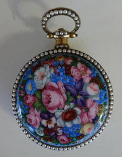 19thc Gilt & Enamel Pocket Watch, Chinese Signed: Chinese market gilt-metal pocket watch. 19th century. Enameled florals on one side of the case. Both sides adorned with seed pearls. Jeweled movement. Signed with Chinese character marks. 