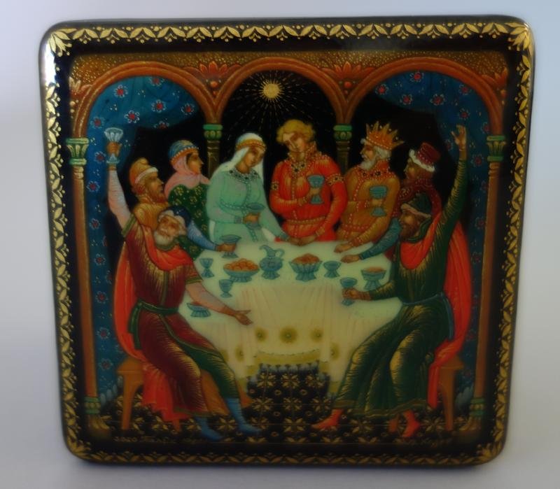 Russian Lacquer Box, Sleeping Beauty Palekh School: Russian lacquer box, Palekh school. Artist signed and dated 1986. "Sleeping Beauty" by Khodov. Measures 2-3/8" x 2-3/8" x 2" high.