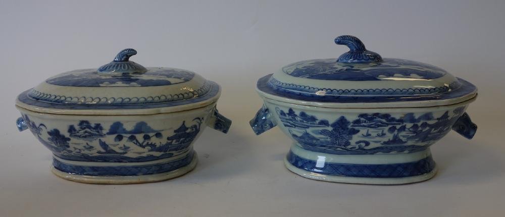 2-19thc Chinese Canton Porcelain Tureens: Two Chinese blue and white Canton porcelain tureens. 19th century. Boars head or rabbit head handles. Measuring 10.5" x 8" x 6.5" high and 10.5"x 8" x 5.5" high.
